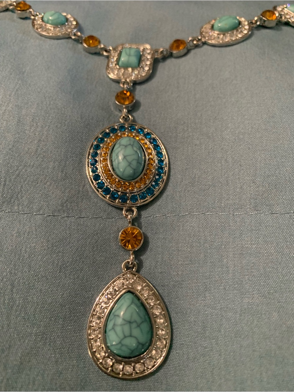 Turquoise and Amber Multi-Stone Statement Necklace with Silver-Tone Chain